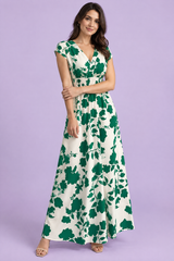 Grünes Maxikleid mit Blumenmuster und Smokbund