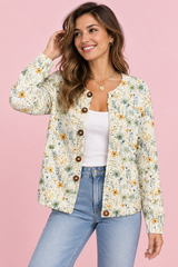 Geblümte Strickjacke mit Knopfleiste in Offwhite