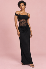 Schwarzes gerafftes Spitzen-Maxikleid
