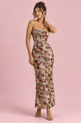 Goldenes Maxikleid mit floralen Pailletten und eckigem Ausschnitt