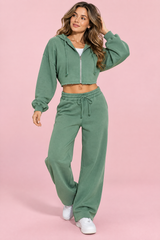 Cropped-Hoodie-Set mit Reißverschluss in Salbeigrün