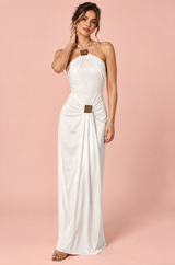Weißes Neckholder-Maxikleid mit Raffungen