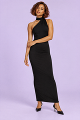 Schwarzes Maxikleid mit asymmetrischem Ausschnitt und Kragen