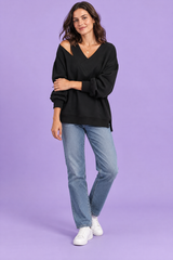 Schwarzes Oversize-Top mit V-Ausschnitt und Schulter-Cut-outs