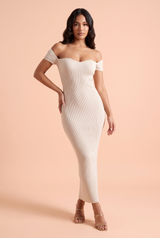 Offwhite-Midikleid mit schulterfreiem Ausschnitt und kurzen Ärmeln