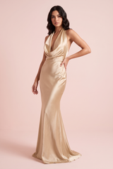 Champagnergoldenes rückenfreies Maxikleid mit Wasserfall-Neckholder-Ausschnitt im Meerjungfrauen-Schnitt