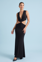 Schwarzes Maxikleid mit asymmetrischem Ausschnitt, Cut-outs und goldenen Details