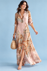 Rosa Midikleid mit Print und Hemdkragen