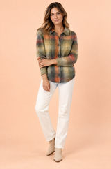 Karierter Cardigan mit Kragen in Oliv