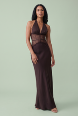Dunkelbraunes Satin-Maxikleid mit Spitzenpartie und Neckholder