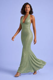 Robe longue à sequins dos nu verte | Vue en mouvement | Lounelle Paris