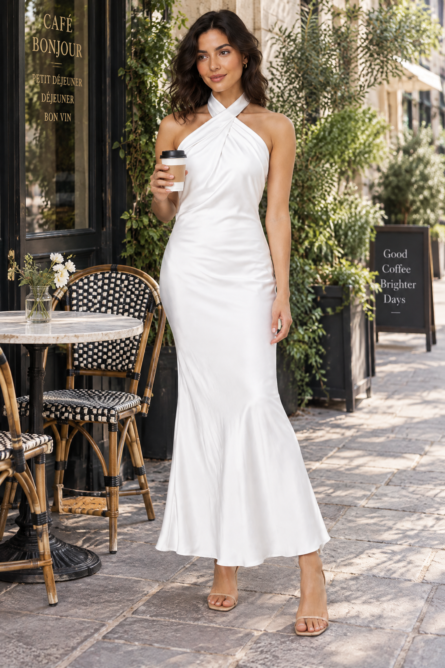 Robe longue blanche dos nu à col américain | Photo lifestyle | Lounelle Paris