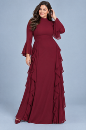 Robe longue bordeaux à volants et manches cloche | Porté sur une autre silhouette | Lounelle Paris