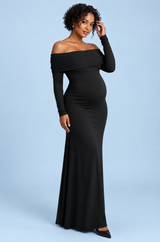 Schwarzes Umstands-Maxikleid aus Mesh mit Raffungen und Bardot-Ausschnitt