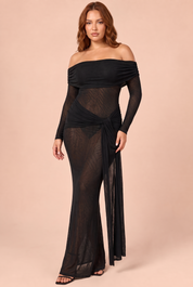 Robe longue noire en dentelle à col Bardot, avec détails froncés et lien à nouer | Porté sur une autre silhouette | Lounelle Paris