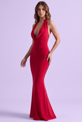 Rotes rückenfreies Maxikleid mit Wasserfallausschnitt und Meerjungfrau-Schnitt
