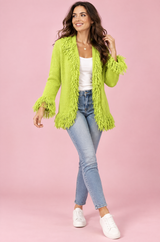 Limettengrüner Cardigan mit Fransenbesatz