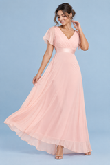 Rosa Plisseekleid mit V-Ausschnitt