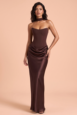 Braunes trägerloses Korsett-Maxikleid