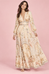 Offwhite-Maxikleid mit V-Ausschnitt und Puffärmeln