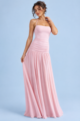 Pinke Maxikleid mit Karree-Ausschnitt und Raffungen