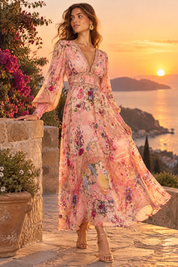 Robe longue rose à col V et manches bouffantes | Deuxième photo lifestyle | Lounelle Paris