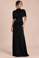 Schwarzes Maxikleid mit Stehkragen und kurzen Cape-Ärmeln