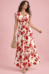 Offwhitefarbenes Maxikleid mit Blumenmuster und Smokbund