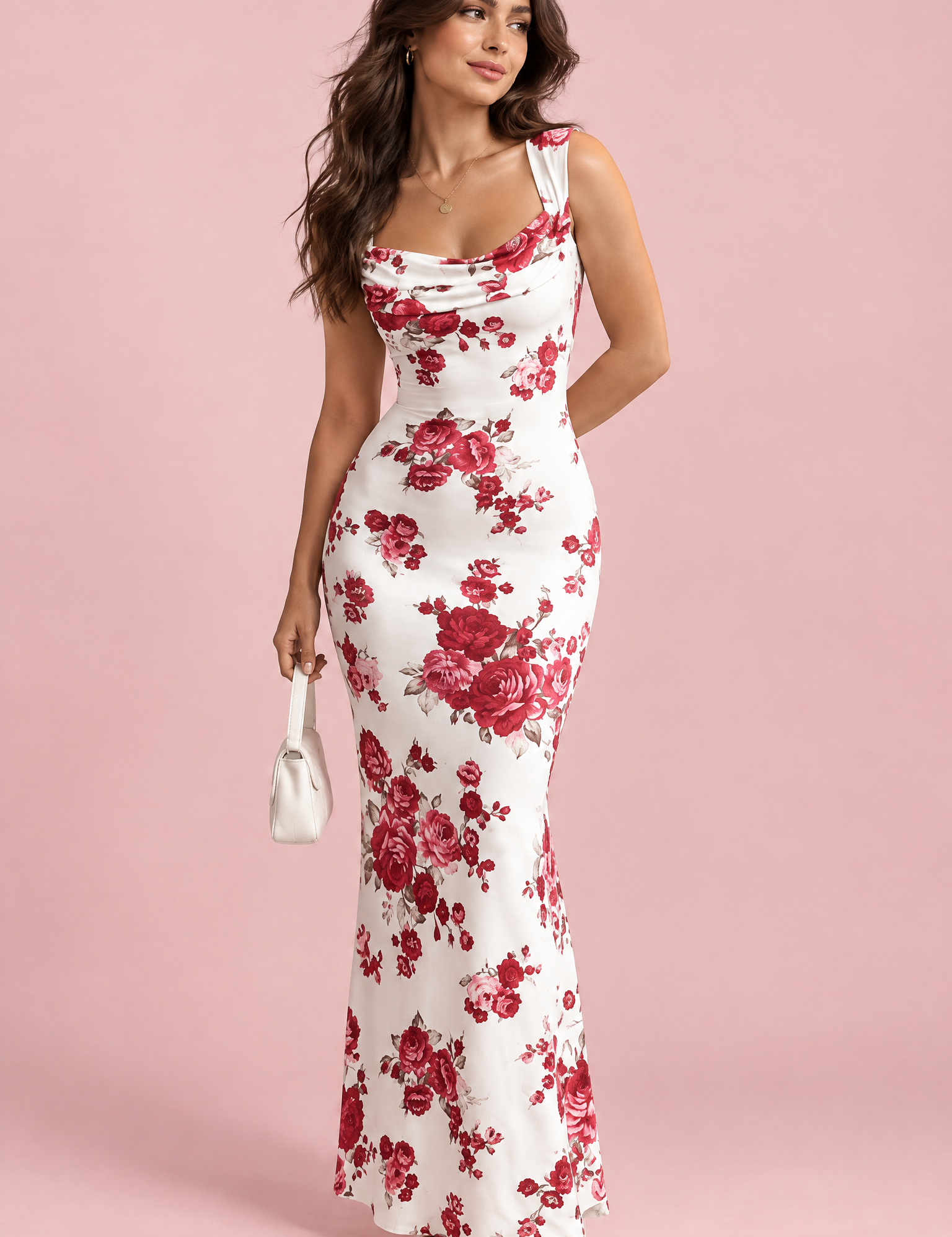 Robe longue blanche à imprimé floral et décolleté plongeant | Vue de face | Lounelle Paris