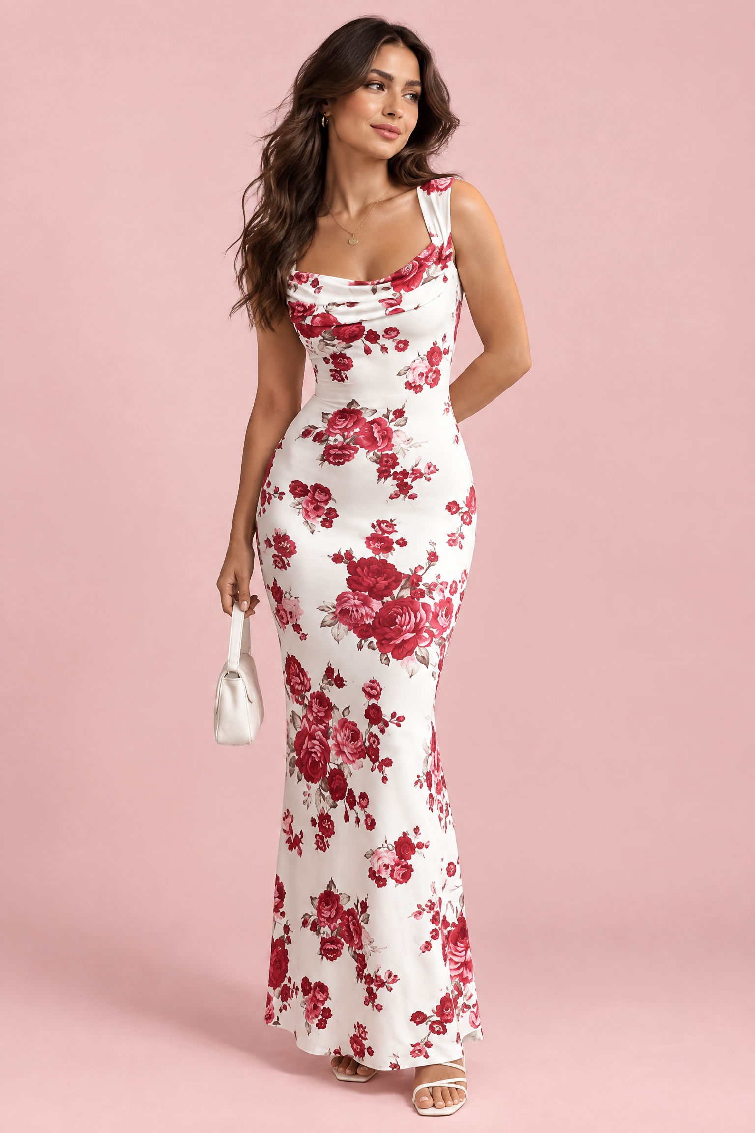 Robe longue blanche à imprimé floral et décolleté plongeant | Vue de face | Lounelle Paris