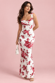 Robe longue blanche à imprimé floral et décolleté plongeant | Vue de face | Lounelle Paris