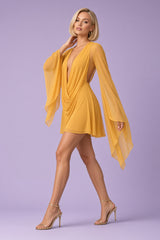 Senfgelbes Mesh-Minikleid mit Wasserfallausschnitt