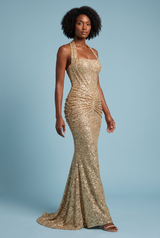 Goldfarbenes Pailletten-Maxikleid mit Neckholder