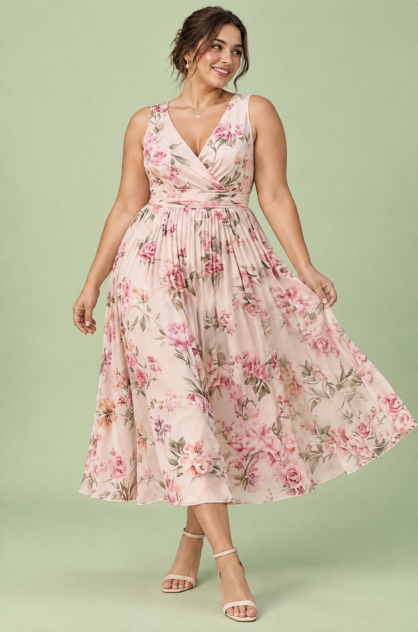 Robe midi rose à imprimé de bouquets floraux, col carré et coupe trapèze | Porté sur une silhouette plus ronde | Lounelle Paris