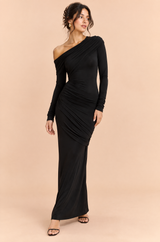 Schwarzes Maxikleid mit One-Shoulder-Ausschnitt, langen Ärmeln und Raffungen