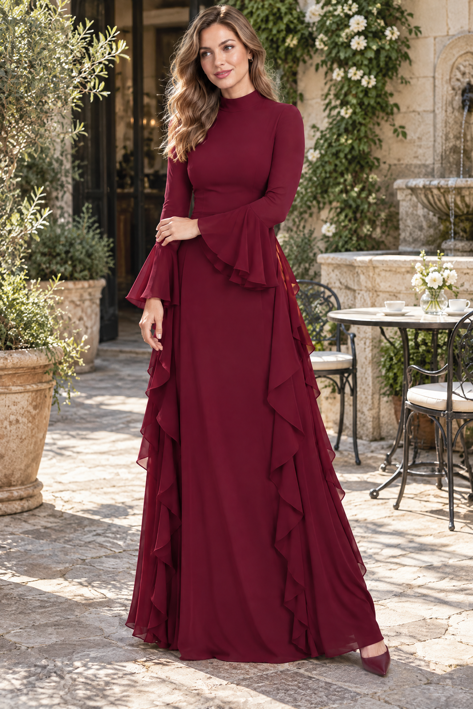Robe longue bordeaux à volants et manches cloche | Photo lifestyle | Lounelle Paris