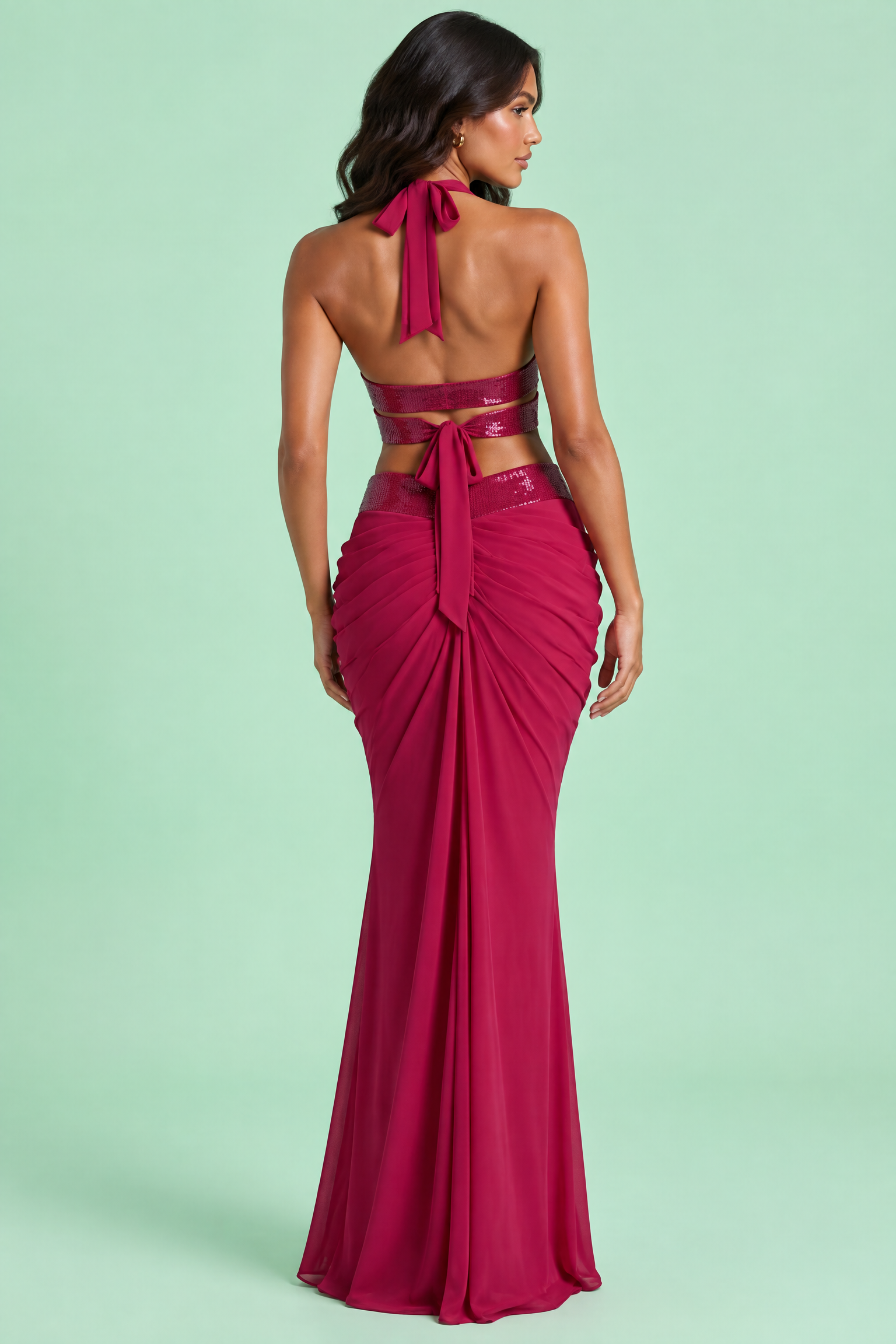 Ensemble magenta à dos nu avec jupe longue drapée | Vue de dos | Lounelle Paris