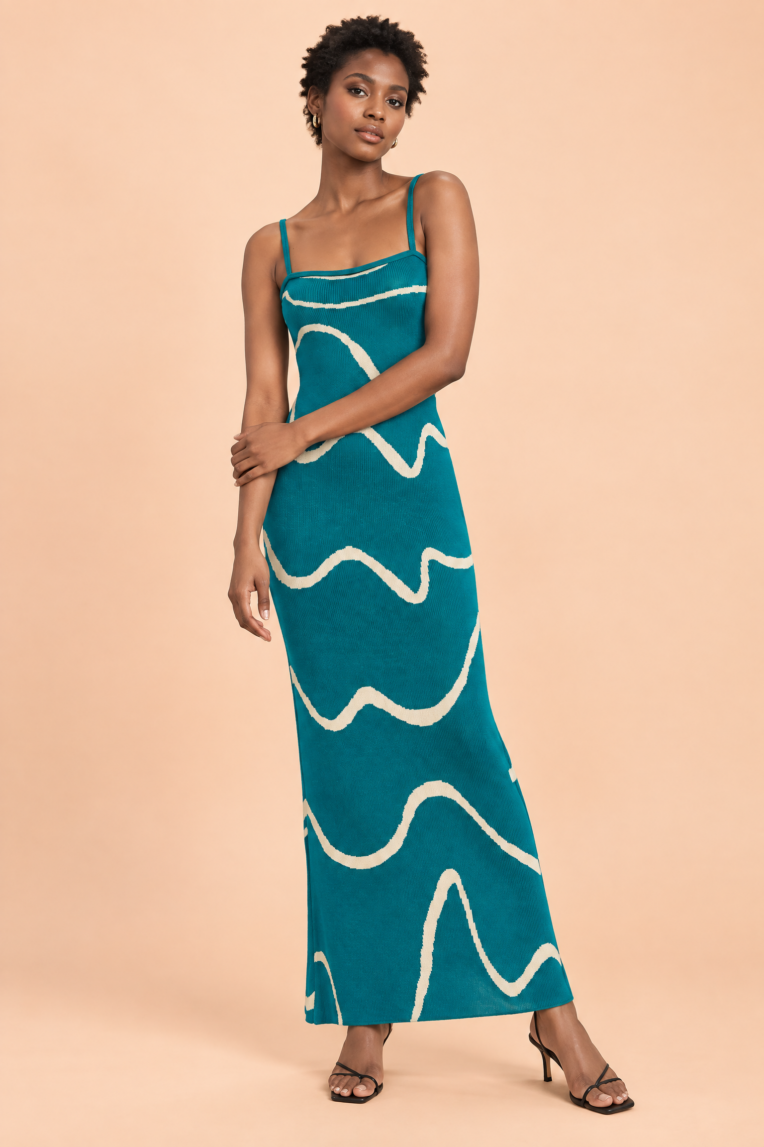 Robe longue rayée dos nu bleu canard | Vue de face | Lounelle Paris