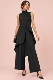 Ensemble pantalon noir fluide avec top sans manches à col montant | Vue de face | Lounelle Paris