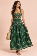 Waldgrünes Maxikleid mit Blumenmuster und Stufenrock