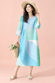 Robe midi trapèze plissée bleue | Vue de face | Lounelle Paris