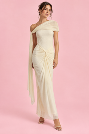 Robe longue moulante froncée asymétrique écrue | Vue de face | Lounelle Paris
