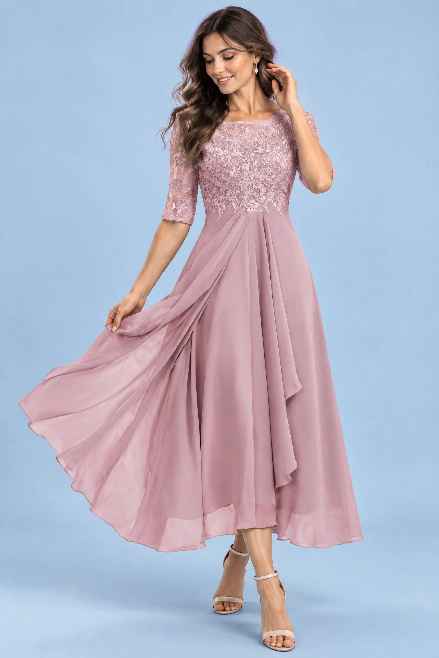 Robe en mousseline à corsage brodé rose poudré | Vue de face | Lounelle Paris