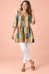 Gestreifte Tunika mit V-Ausschnitt – Beige