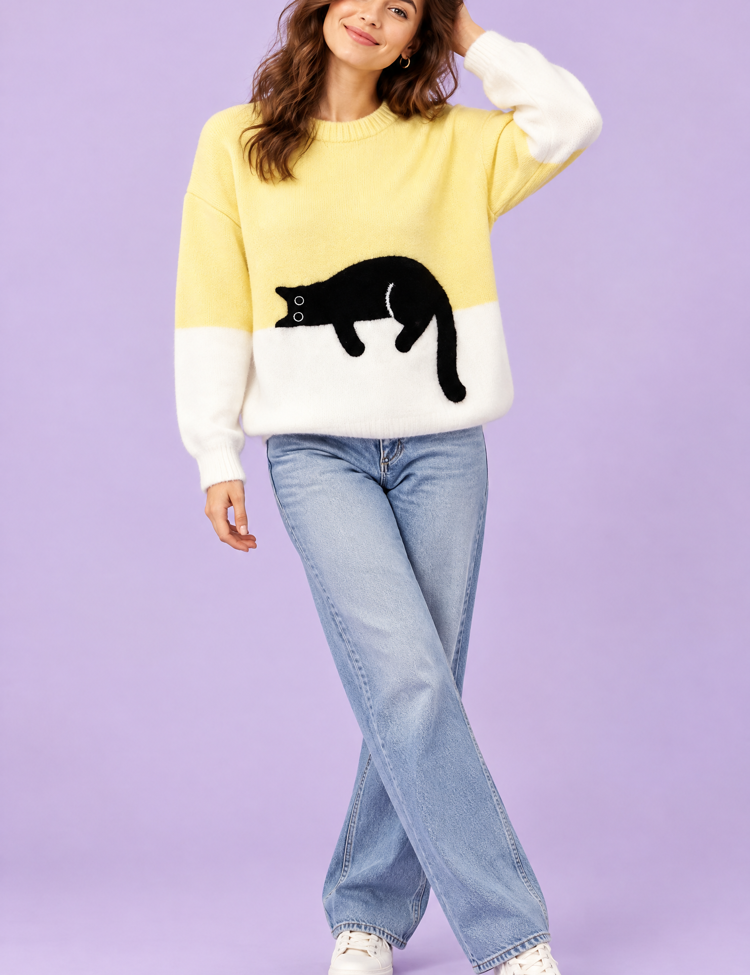 Pull oversize jaune à motif chat | Vue de face | Lounelle Paris