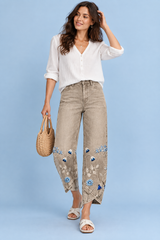 Beige Hose mit Blumenprint und Schlitzsaum