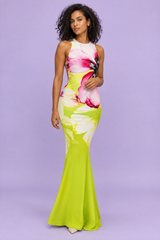 Grünes Maxikleid mit Mohnblumen-Print und Cut-outs
