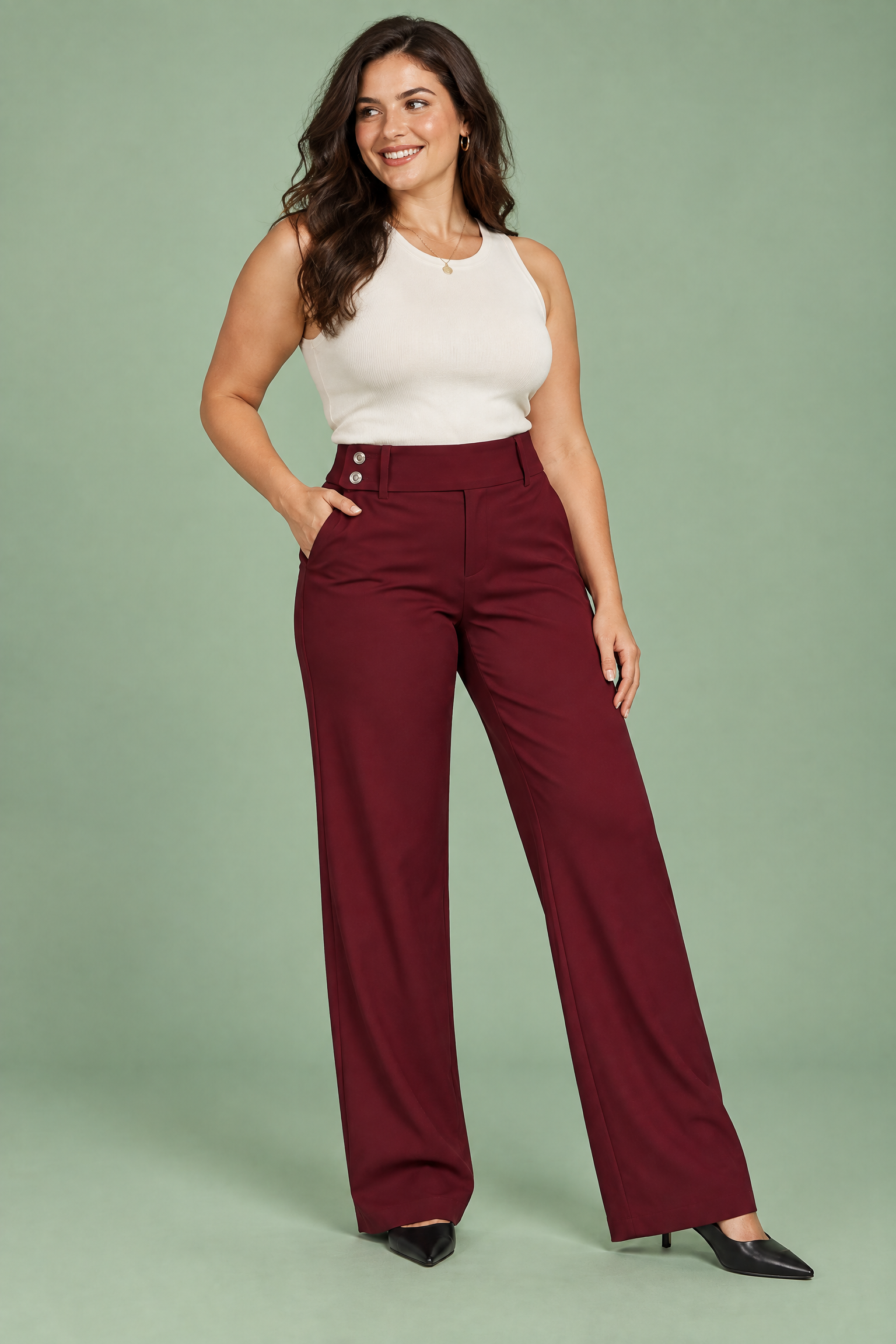 Pantalon bordeaux large à taille basse | Porté sur une autre silhouette | Lounelle Paris