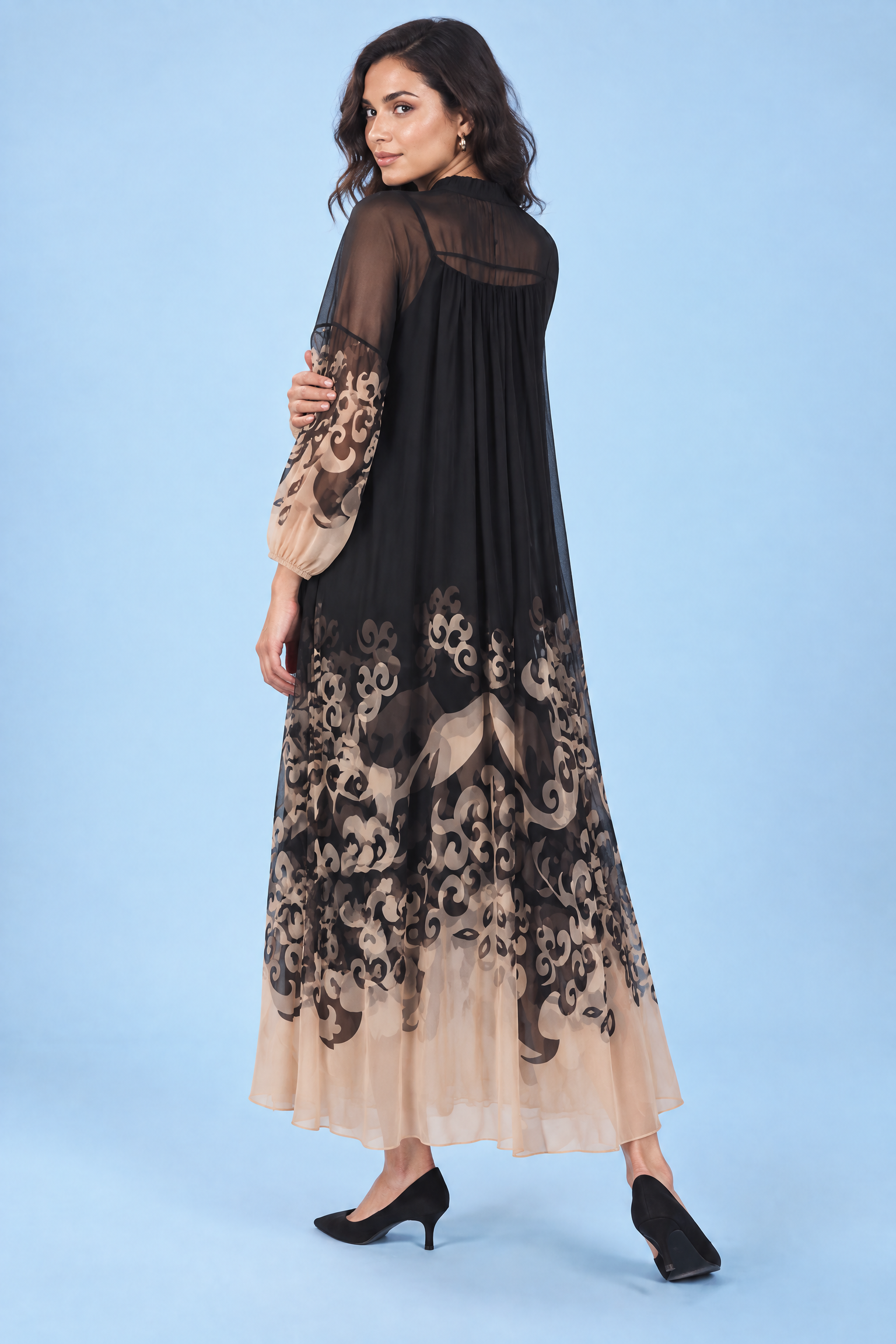 Robe longue noire fluide à manches longues | Vue de dos | Lounelle Paris