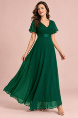 Smaragdgrünes Plisseekleid mit V-Ausschnitt